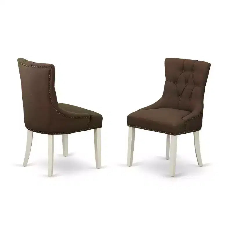 Vintage Dinette Set 5Pcs - Parson Chairs & Table - Linen White Wood - Chocolate Fabric