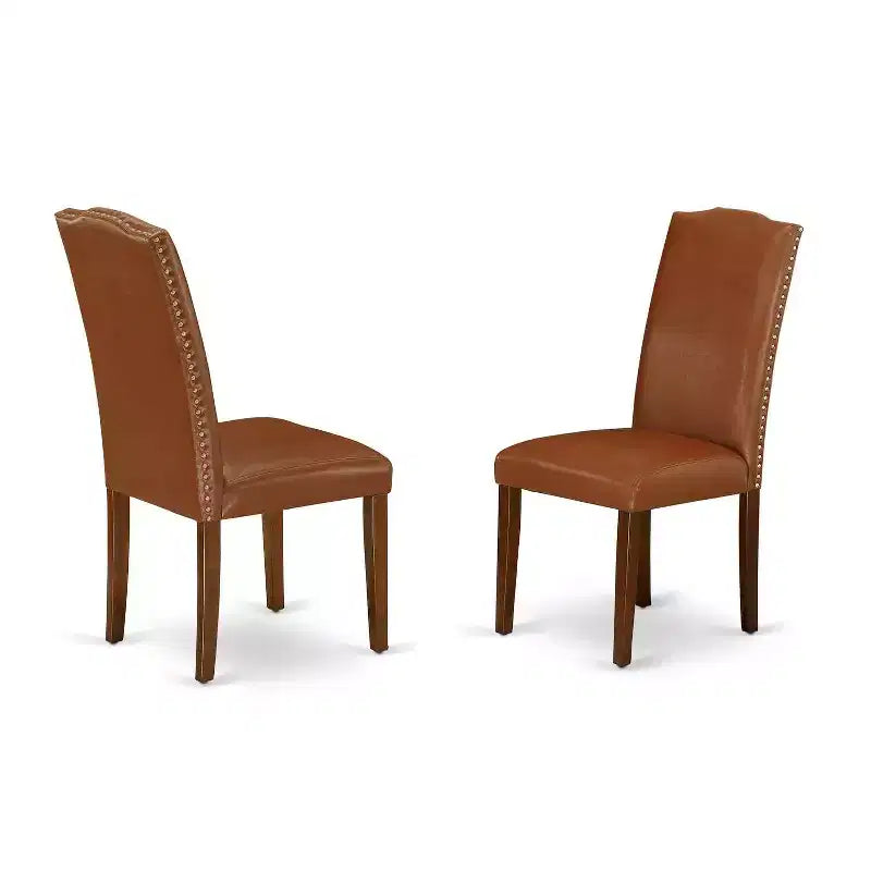 Rustic Dining Set 3Pc Square Table & 2 Parsons Chairs - Mahogany Legs, Brown Faux Leather