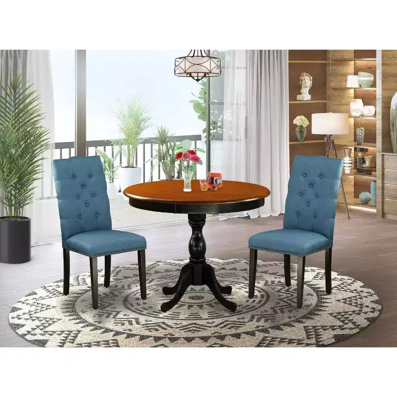 3-Piece Black and Cherry Finish Solid Wood Top - Button Tufted Dining Room Set - Seats 4