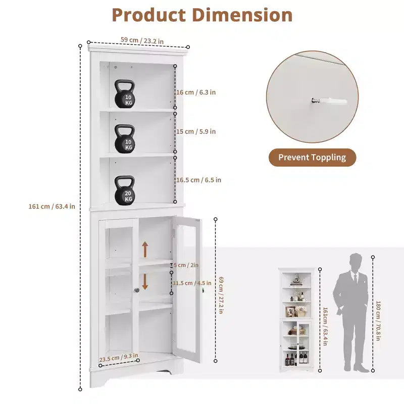 Glass-door bookshelf storage cabinet, 65 inches tall, with adjustable shelves, suitable for living rooms and bathrooms.