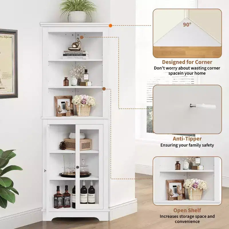 Glass-door bookshelf storage cabinet, 65 inches tall, with adjustable shelves, suitable for living rooms and bathrooms.