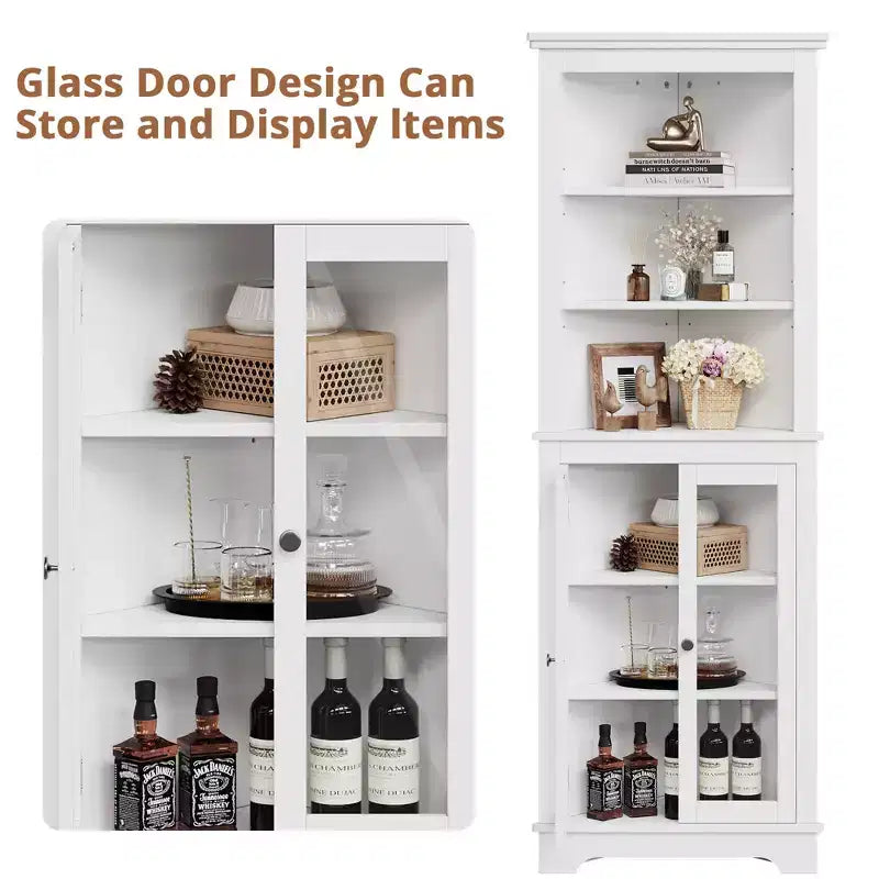 Glass-door bookshelf storage cabinet, 65 inches tall, with adjustable shelves, suitable for living rooms and bathrooms.