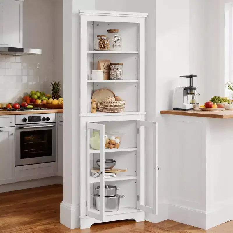 Glass-door bookshelf storage cabinet, 65 inches tall, with adjustable shelves, suitable for living rooms and bathrooms.