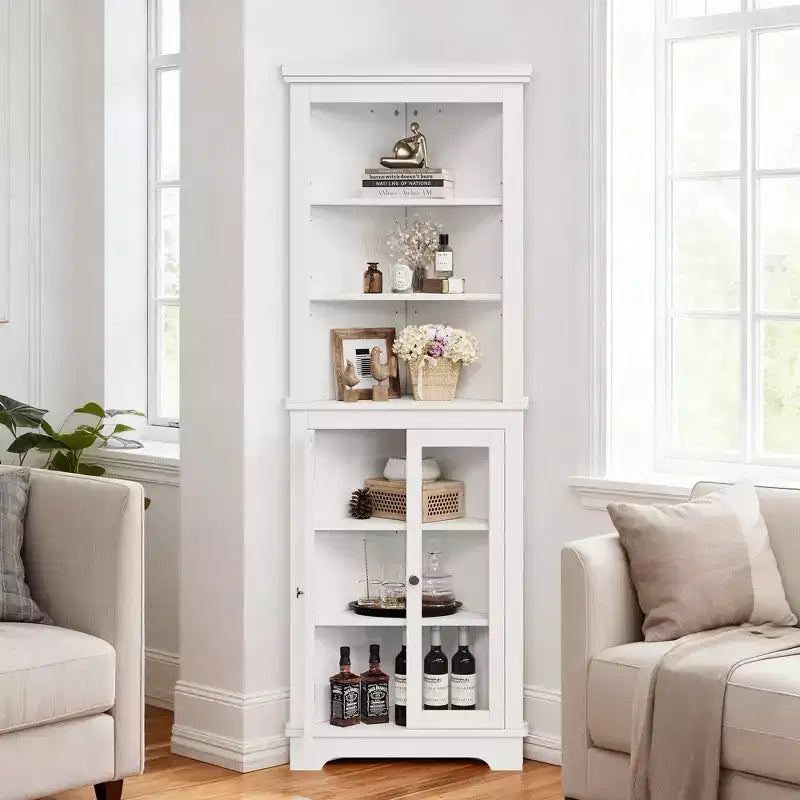 Glass-door bookshelf storage cabinet, 65 inches tall, with adjustable shelves, suitable for living rooms and bathrooms.