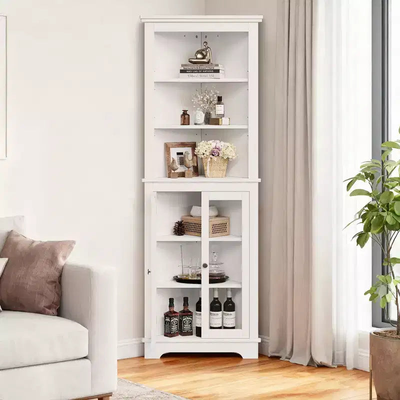 Glass-door bookshelf storage cabinet, 65 inches tall, with adjustable shelves, suitable for living rooms and bathrooms.