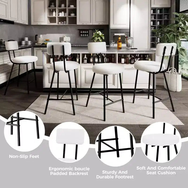 COZONY Upholstered Bar Stool Set with Curved Backrest, Metal Frame Counter Height Stools for Kitchen Island Dining Table Home Bar