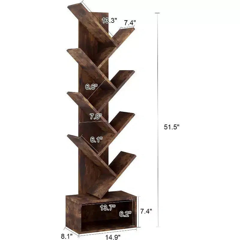 8-Tier Wooden Tree Bookshelf with Storage, Floor Standing Bookcase for Kids and Adults, Utility Organizer for Living Room, Bedroom, Office, Brown