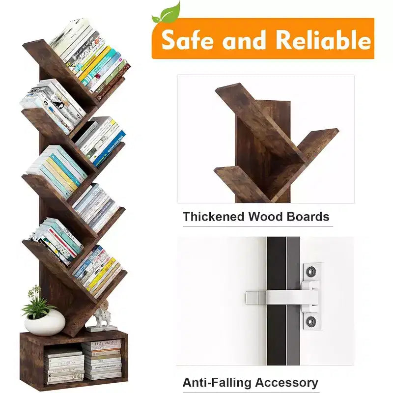 8-Tier Wooden Tree Bookshelf with Storage, Floor Standing Bookcase for Kids and Adults, Utility Organizer for Living Room, Bedroom, Office, Brown