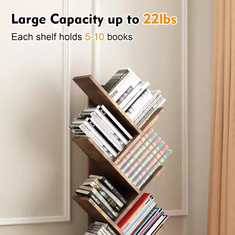 8-Tier Wooden Tree Bookshelf with Storage, Floor Standing Bookcase for Kids and Adults, Utility Organizer for Living Room, Bedroom, Office, Brown