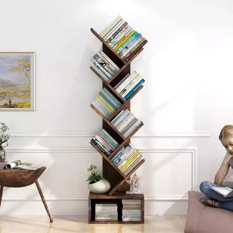 8-Tier Wooden Tree Bookshelf with Storage, Floor Standing Bookcase for Kids and Adults, Utility Organizer for Living Room, Bedroom, Office, Brown