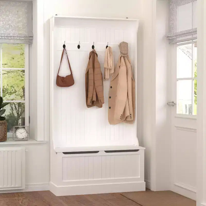 Okak Minimalism Hall Tree with 5 Hooks, Freestanding Coat Rack with Shoe Storage Bench, Entryway Storage for Living Room, Hallway, White