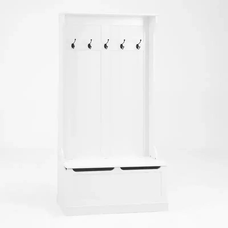 Okak Minimalism Hall Tree with 5 Hooks, Freestanding Coat Rack with Shoe Storage Bench, Entryway Storage for Living Room, Hallway, White