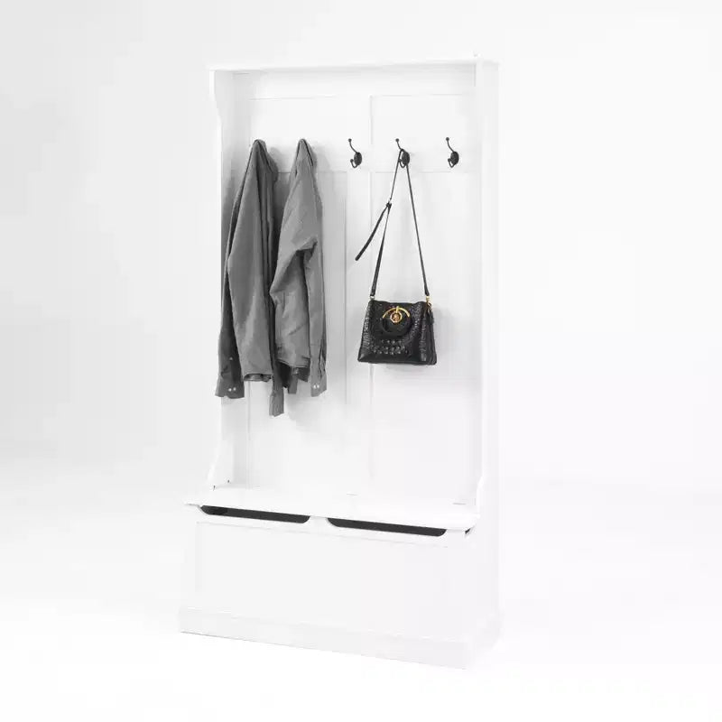 Okak Minimalism Hall Tree with 5 Hooks, Freestanding Coat Rack with Shoe Storage Bench, Entryway Storage for Living Room, Hallway, White