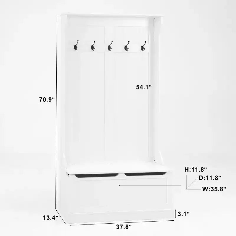 Okak Minimalism Hall Tree with 5 Hooks, Freestanding Coat Rack with Shoe Storage Bench, Entryway Storage for Living Room, Hallway, White