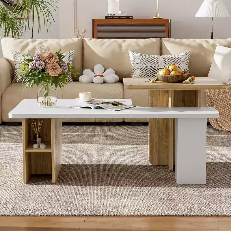 Farmhouse Nesting Coffee Table Set of 2, Rectangle Center Table Set with Storage for Living Room
