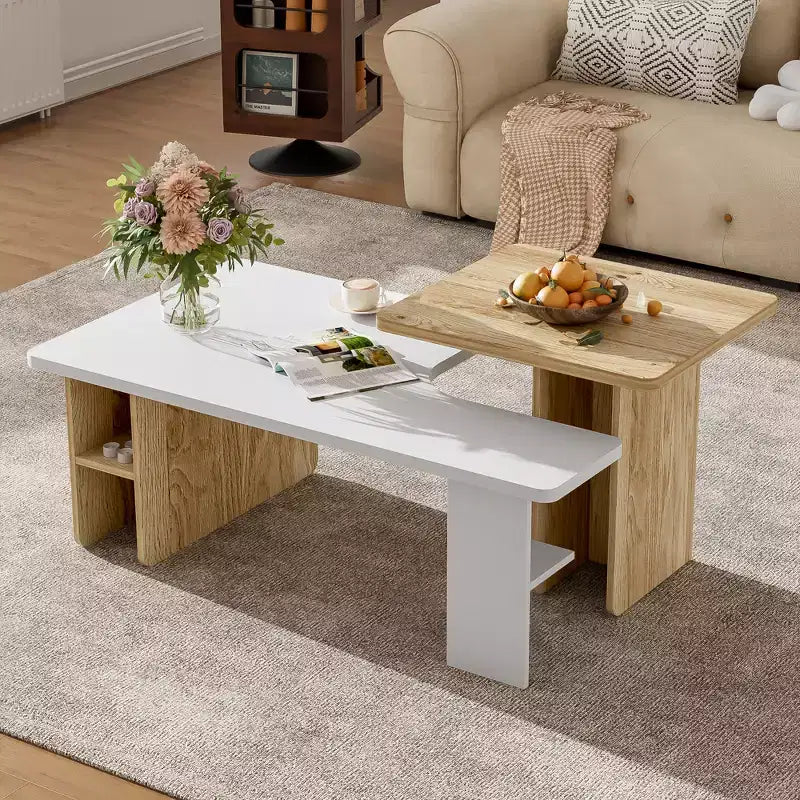 Farmhouse Nesting Coffee Table Set of 2, Rectangle Center Table Set with Storage for Living Room