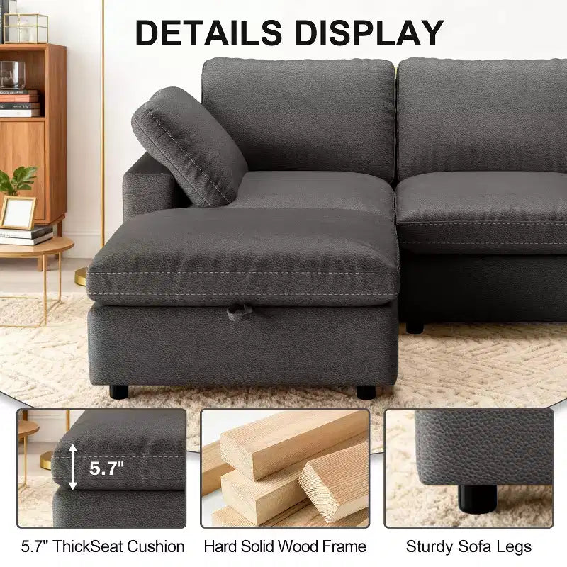 Dyonery 100 Faux Leather Cloud Sofa with Ottoman, L-Shaped Modular Sectional CouchesPet-Friendly Scratch Resistant PU Fabric,Tool Free Assembly