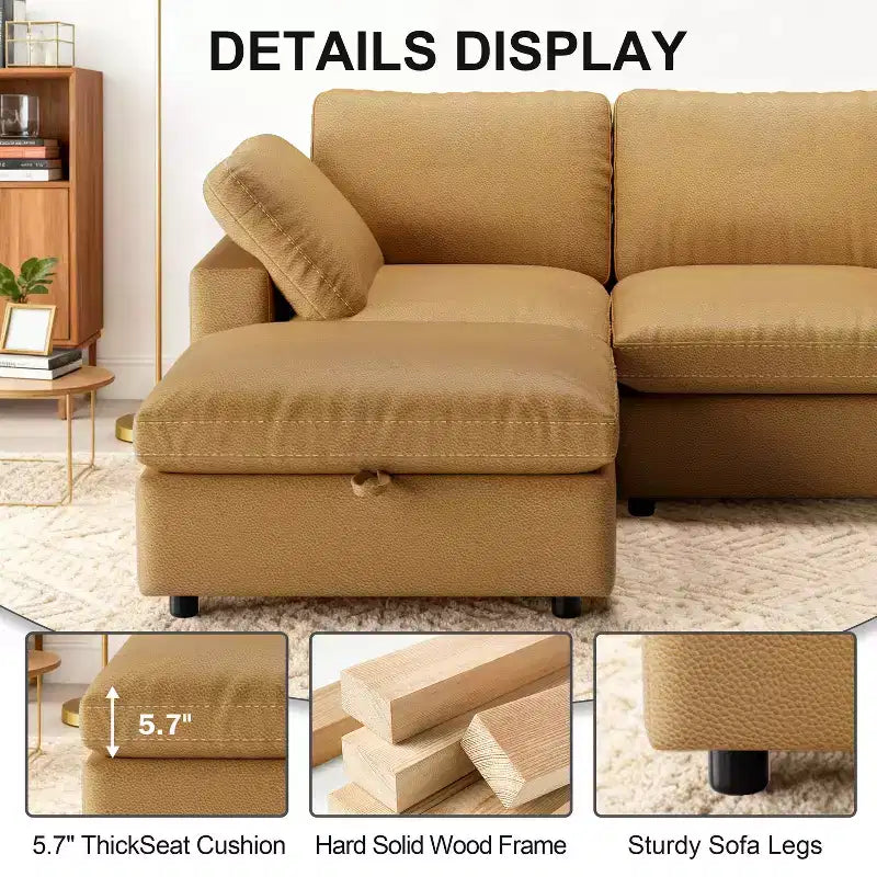 Dyonery 100 Faux Leather Cloud Sofa with Ottoman, L-Shaped Modular Sectional CouchesPet-Friendly Scratch Resistant PU Fabric,Tool Free Assembly