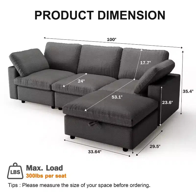 Dyonery 100 Faux Leather Cloud Sofa with Ottoman, L-Shaped Modular Sectional CouchesPet-Friendly Scratch Resistant PU Fabric,Tool Free Assembly