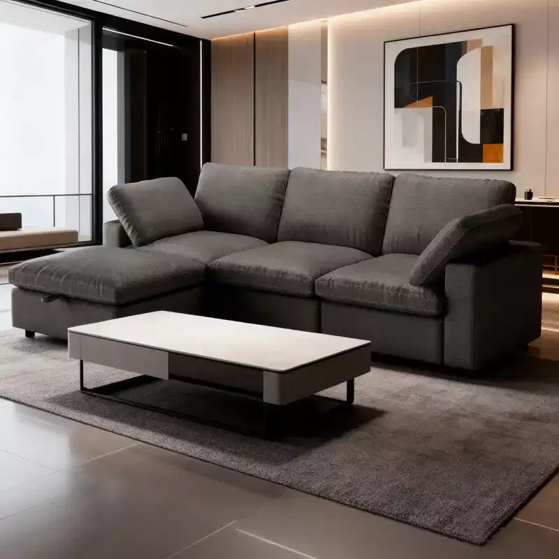Dyonery 100 Faux Leather Cloud Sofa with Ottoman, L-Shaped Modular Sectional CouchesPet-Friendly Scratch Resistant PU Fabric,Tool Free Assembly