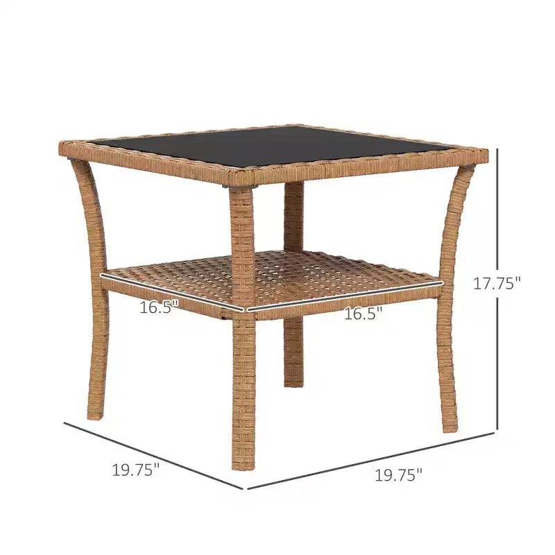 Rattan Side Table, Outdoor End Table with Storage Shelf, Aluminum Frame Square Table with Tempered Glass Top