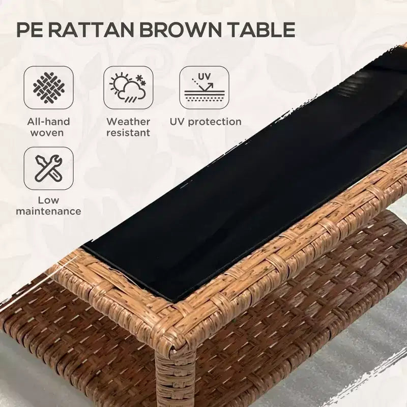 Rattan Side Table, Outdoor End Table with Storage Shelf, Aluminum Frame Square Table with Tempered Glass Top
