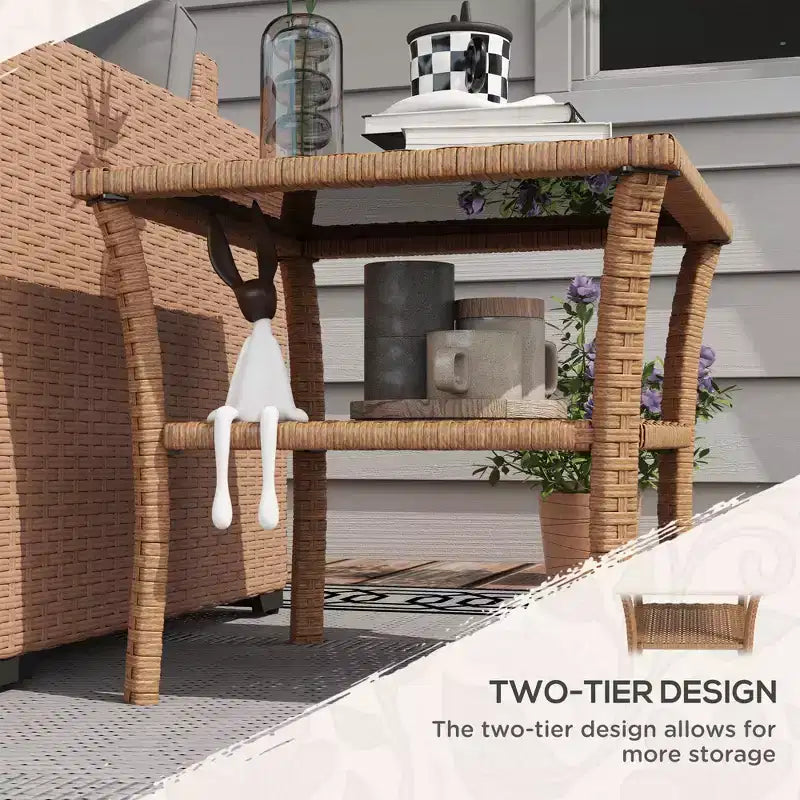 Rattan Side Table, Outdoor End Table with Storage Shelf, Aluminum Frame Square Table with Tempered Glass Top
