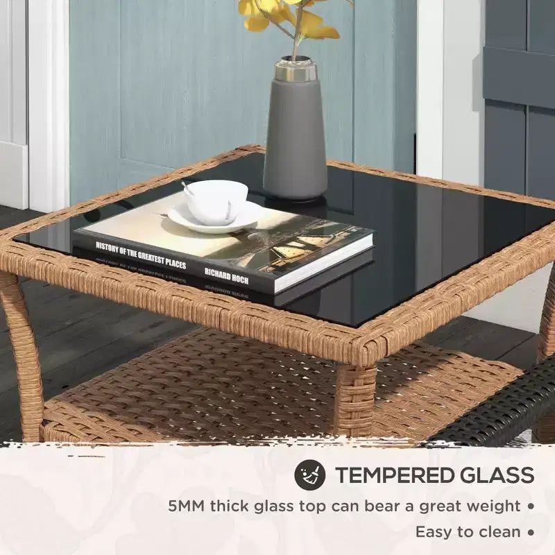 Rattan Side Table, Outdoor End Table with Storage Shelf, Aluminum Frame Square Table with Tempered Glass Top