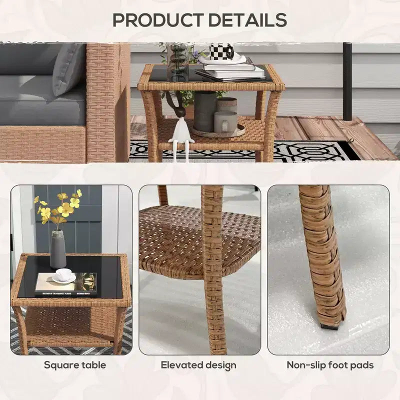 Rattan Side Table, Outdoor End Table with Storage Shelf, Aluminum Frame Square Table with Tempered Glass Top