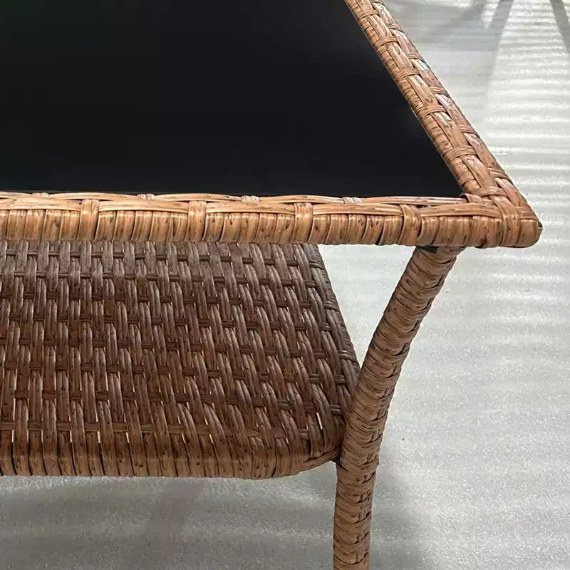 Rattan Side Table, Outdoor End Table with Storage Shelf, Aluminum Frame Square Table with Tempered Glass Top