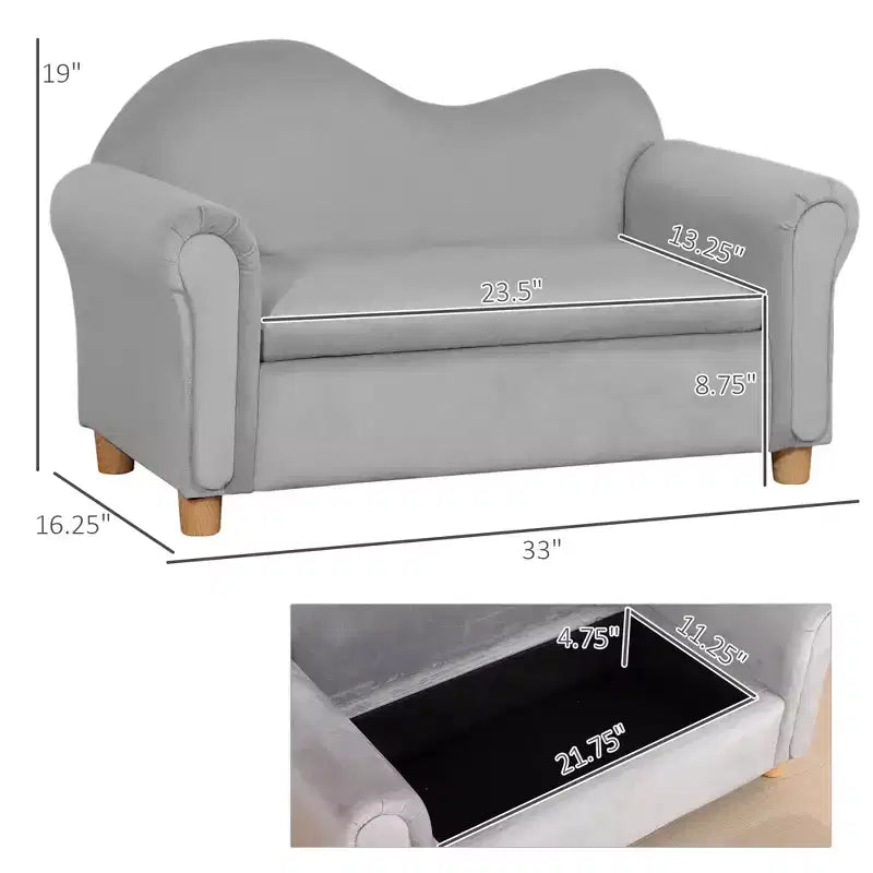 Ergonomic Foam Kids Sofa with Inner Toy Storage Chest, Velvet Kids Couch with Soft Arms, Children's Lounge Furniture