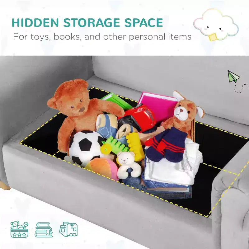Ergonomic Foam Kids Sofa with Inner Toy Storage Chest, Velvet Kids Couch with Soft Arms, Children's Lounge Furniture