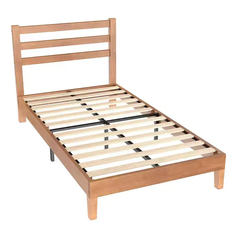 Okak Natural Solid Wood Platform Bed Frame with Wooden Strips Headboard,Primary Bedroom Bed,No Spring Box Needed