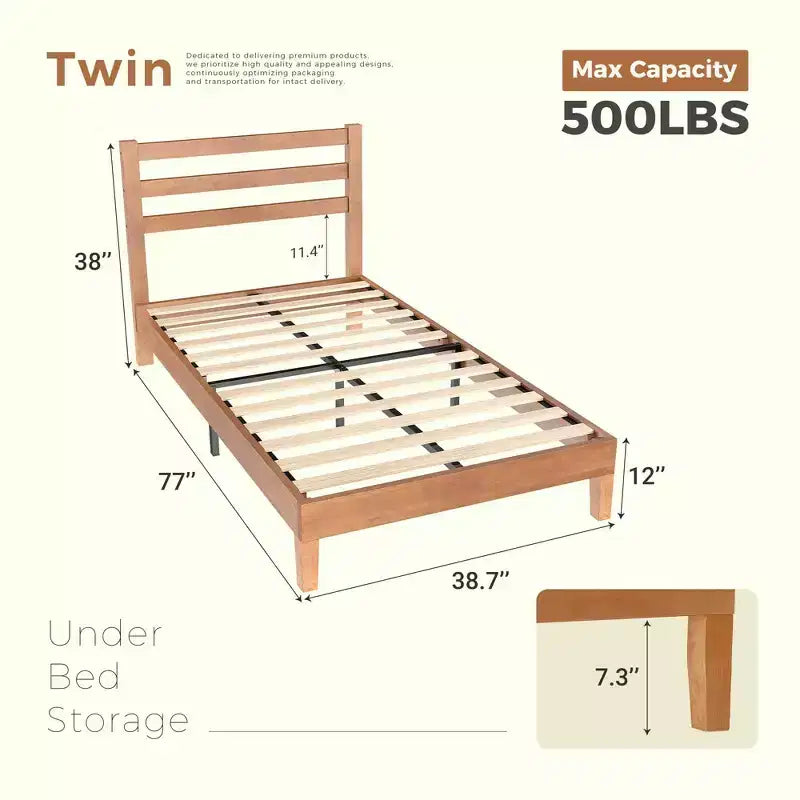 Okak Natural Solid Wood Platform Bed Frame with Wooden Strips Headboard,Primary Bedroom Bed,No Spring Box Needed