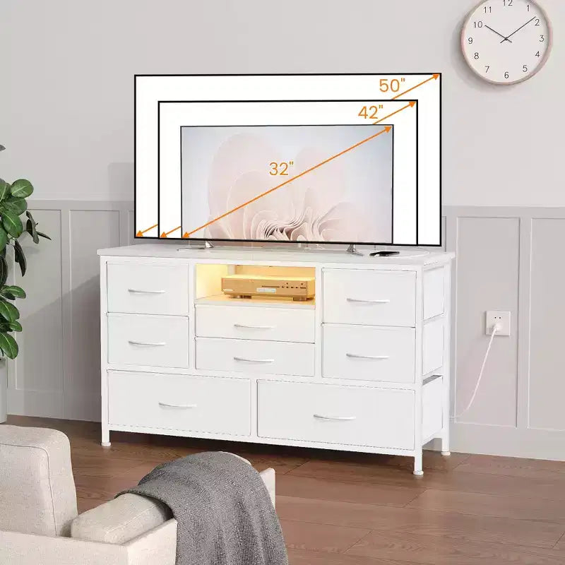 GustoWave 8-Drawer Fabric TV Stand  Sturdy Metal Frame Media Console with Wood Top for Living Room, Entryway, Bedroom, or Guest Room