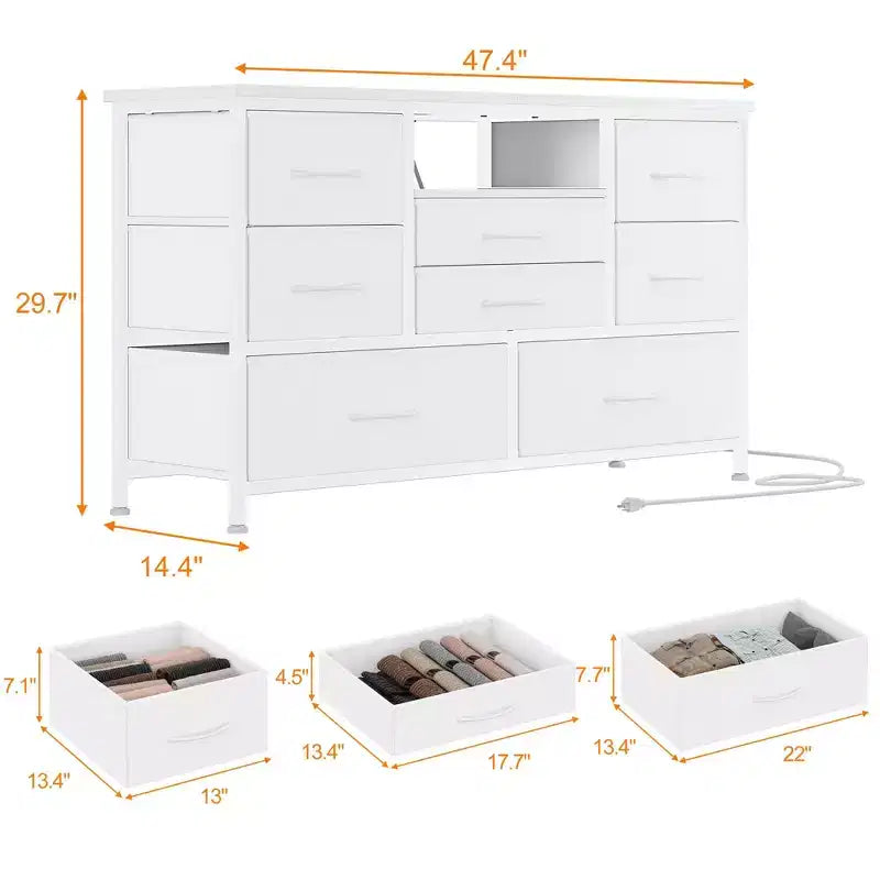 GustoWave 8-Drawer Fabric TV Stand  Sturdy Metal Frame Media Console with Wood Top for Living Room, Entryway, Bedroom, or Guest Room