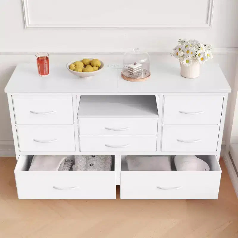GustoWave 8-Drawer Fabric TV Stand  Sturdy Metal Frame Media Console with Wood Top for Living Room, Entryway, Bedroom, or Guest Room