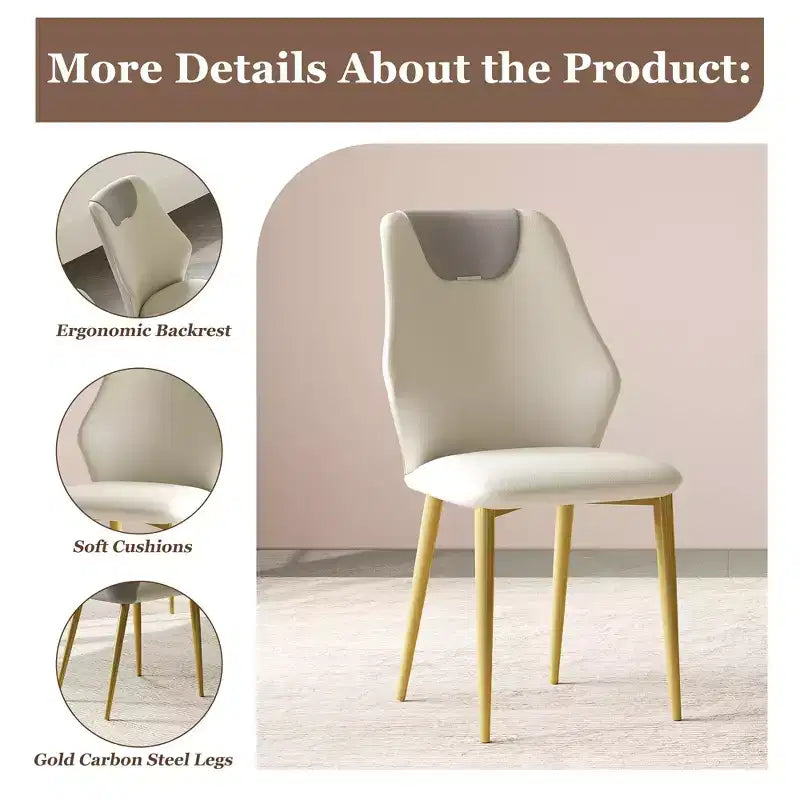 Homy Casa Set of 2 PU Leather Dining Chairs, Ergonomic Chairs with Gold Metal Legs, Beige