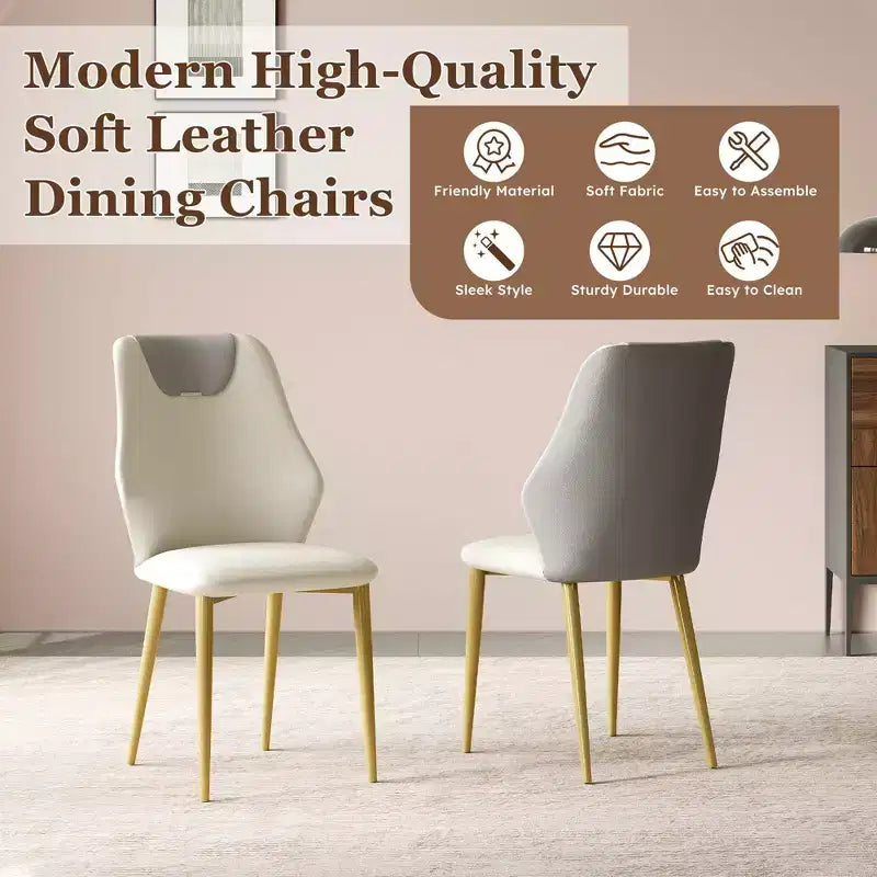 Homy Casa Set of 2 PU Leather Dining Chairs, Ergonomic Chairs with Gold Metal Legs, Beige