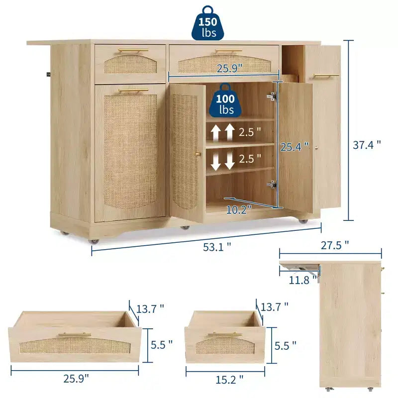 Garvee Rolling Kitchen Island Table on Wheels with Drop Leaf, Tilt Out Trash Can Cabinet, Storage Cabinet, Drawer, Spice Rack, Kitchen Cart