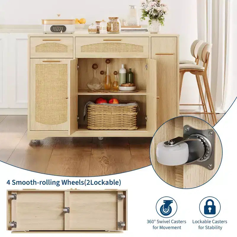 Garvee Rolling Kitchen Island Table on Wheels with Drop Leaf, Tilt Out Trash Can Cabinet, Storage Cabinet, Drawer, Spice Rack, Kitchen Cart