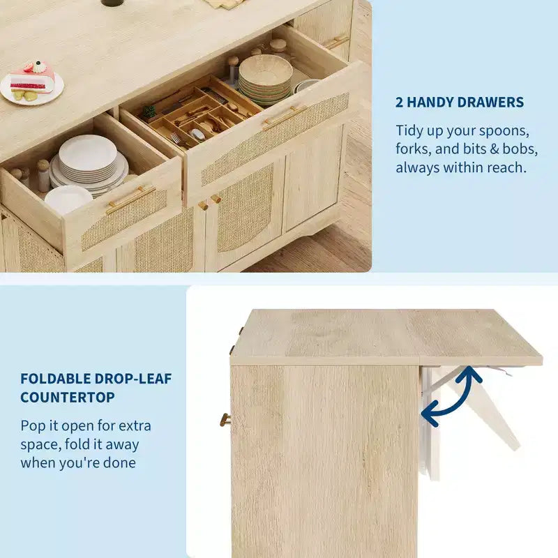 Garvee Rolling Kitchen Island Table on Wheels with Drop Leaf, Tilt Out Trash Can Cabinet, Storage Cabinet, Drawer, Spice Rack, Kitchen Cart
