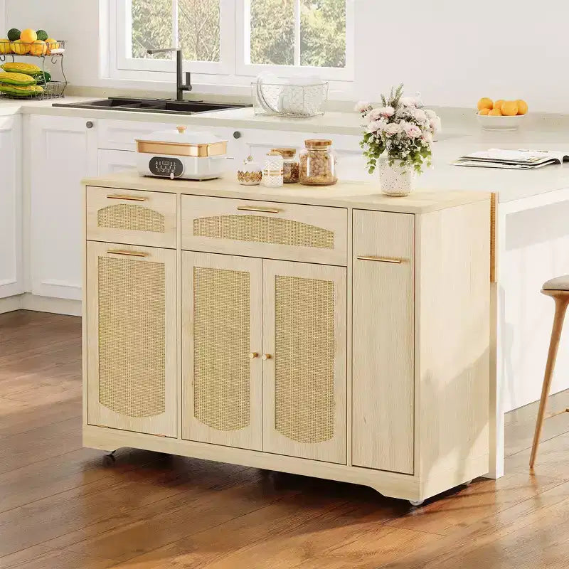 Garvee Rolling Kitchen Island Table on Wheels with Drop Leaf, Tilt Out Trash Can Cabinet, Storage Cabinet, Drawer, Spice Rack, Kitchen Cart