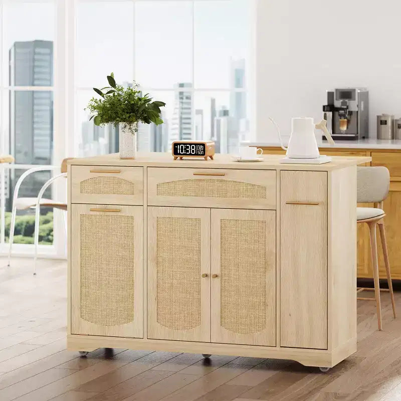 Garvee Rolling Kitchen Island Table on Wheels with Drop Leaf, Tilt Out Trash Can Cabinet, Storage Cabinet, Drawer, Spice Rack, Kitchen Cart