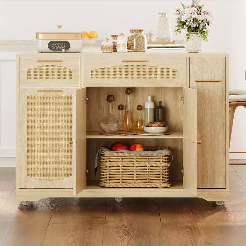Garvee Rolling Kitchen Island Table on Wheels with Drop Leaf, Tilt Out Trash Can Cabinet, Storage Cabinet, Drawer, Spice Rack, Kitchen Cart