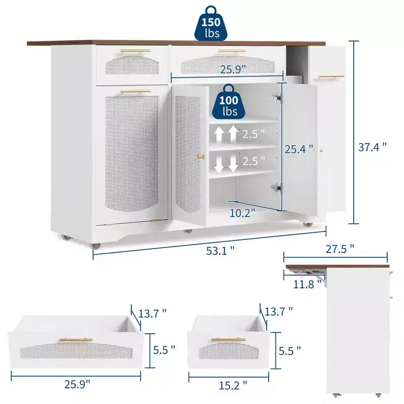 Garvee Rolling Kitchen Island Table on Wheels with Drop Leaf, Tilt Out Trash Can Cabinet, Storage Cabinet, Drawer, Spice Rack, Kitchen Cart