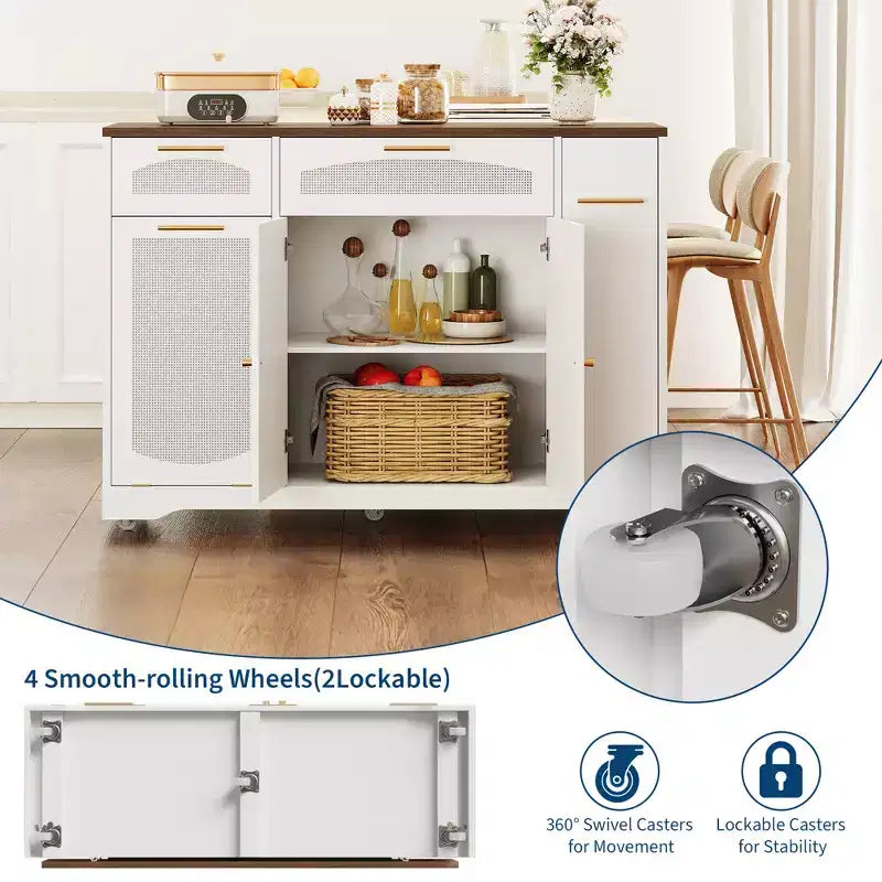 Garvee Rolling Kitchen Island Table on Wheels with Drop Leaf, Tilt Out Trash Can Cabinet, Storage Cabinet, Drawer, Spice Rack, Kitchen Cart