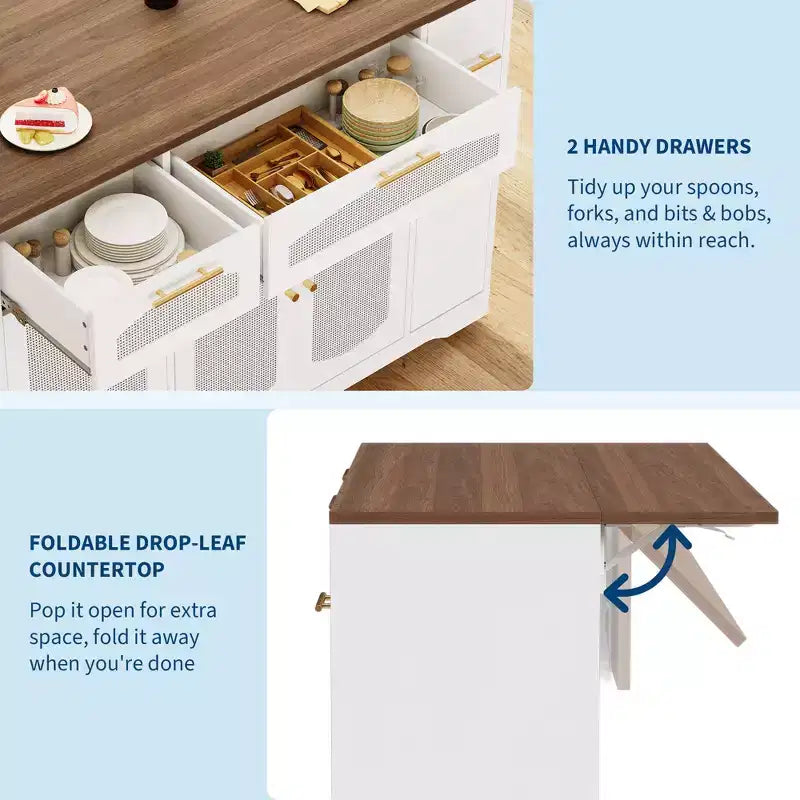 Garvee Rolling Kitchen Island Table on Wheels with Drop Leaf, Tilt Out Trash Can Cabinet, Storage Cabinet, Drawer, Spice Rack, Kitchen Cart