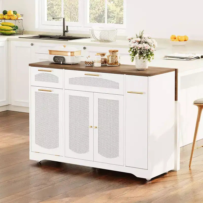 Garvee Rolling Kitchen Island Table on Wheels with Drop Leaf, Tilt Out Trash Can Cabinet, Storage Cabinet, Drawer, Spice Rack, Kitchen Cart