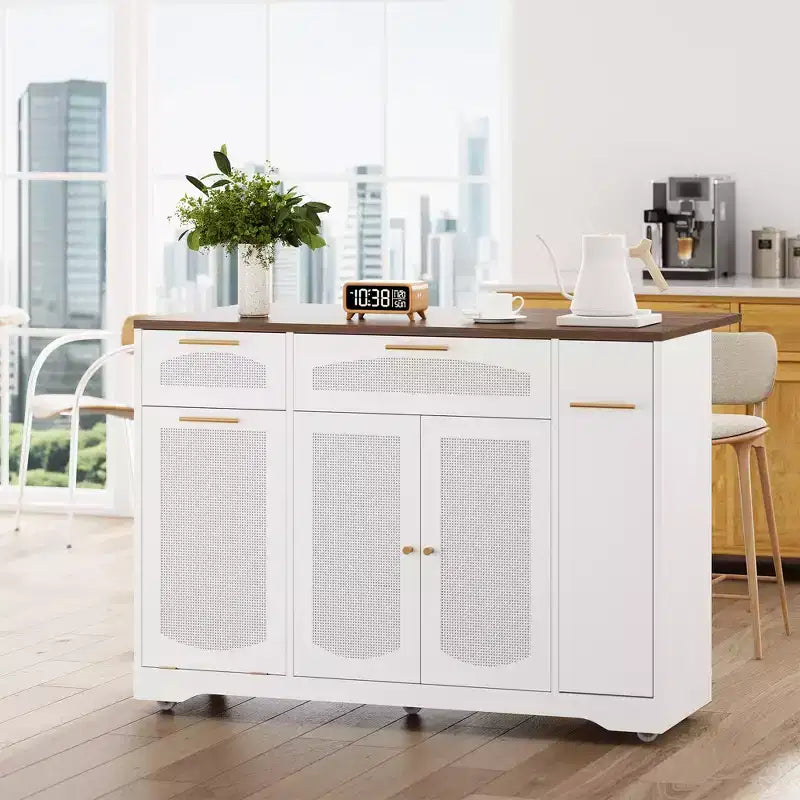 Garvee Rolling Kitchen Island Table on Wheels with Drop Leaf, Tilt Out Trash Can Cabinet, Storage Cabinet, Drawer, Spice Rack, Kitchen Cart